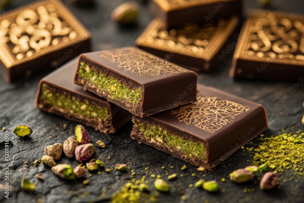 Aufkleber delicious chocolate bar with creamy pistachio paste filling displayed on slate background. generativ