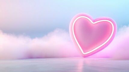 Obraz premium Glowing neon heart amidst dreamy clouds in serene pastel skies