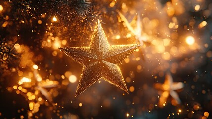 Golden star fireworks with celebratory effects in a 3D render.