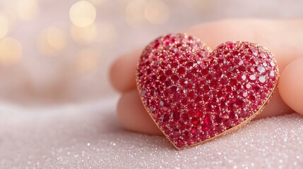 Fototapeta premium Hand holding sparkling red gem heart on glittering surface