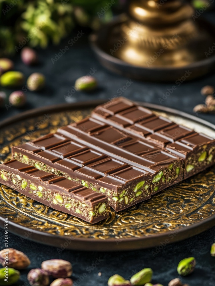Poster Indulging in a rich chocolate bar filled with creamy pistachio paste and adorned with crunchy nuts. Generative AI