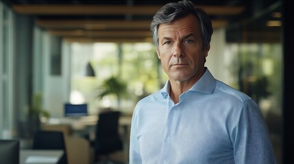 Portrait Of A Man In Light Blue Shirt Standing In An Office Setting With A Blurred Background