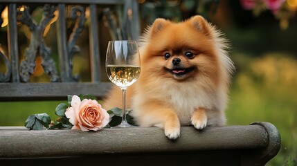 A fluffy Pomeranian sitting next to a glass of white wine and a rose on a garden bench.