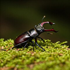stag beetle on green moss