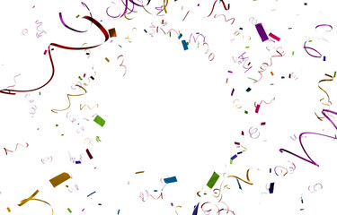 Realistic colorful 3D confetti falling randomly on a transparent background. Graphic resource for party design. Brazilian Carnival theme.