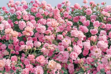 Fototapeta premium A wall of pink roses in full bloom, showcasing intricate details and natural beauty, with delicate texture and soft petals. Perfect concept for Women's Day, Mother's Day, Valentine's Day, Girl’s Day.