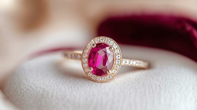 Elegant ruby and diamond ring on soft background for luxury jewelry design