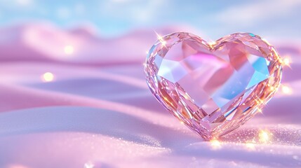 Fototapeta premium Sparkling heart-shaped crystal on soft pink fabric with dreamy reflections and glittering lights