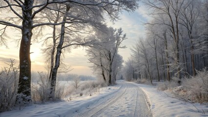 Fototapeta premium A forest path winds its way through the snow-covered trees lined with bare branches that stretch up towards the pale winter sky, landscape, black and white