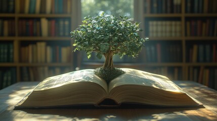A vibrant tree growing from an open book, symbolizing the growth of knowledge and education. Great for academic, inspirational, or environmental themes.
