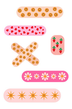 Cute decorative bandages with hearts, smiley faces, flowers, strawberries, and sun designs. Fun, aesthetic medical patch stickers. PNG with transparent background for digital use, scrapbooking, design