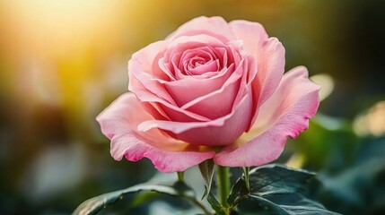 Delicate Pink Rose Flower in Soft Natural Light Against Green Background
