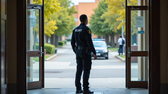 A security guard stands alert outside, ensuring safety in a peaceful, well-maintained area.
