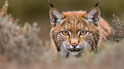 Obraz premium Iberian lynx peering from bushes, Spanish wildlife, nature background, conservation poster