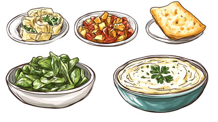 A vibrant spread of various dishes including fresh salads, savory sides, and creamy dips, perfect for a delightful meal or food presentation.