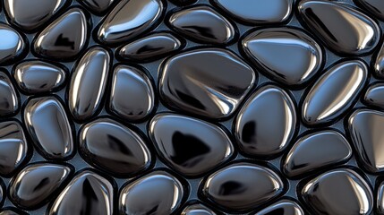 Gleaming, wet black stones arranged in a harmonious pattern, reflecting a tranquil, zen-like aesthetic.