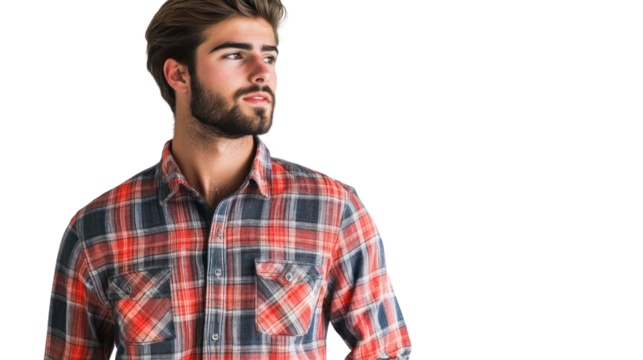 A stylish young man with a confident expression, wearing a casual plaid shirt. The image captures modern fashion and individuality in personal style.
