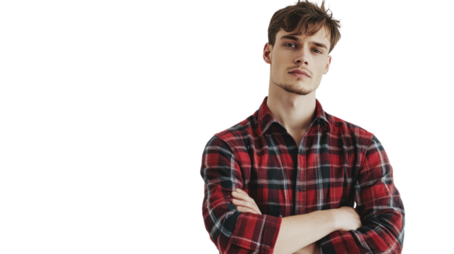 A young man stands confidently with crossed arms, showcasing a fashionable plaid shirt. Ideal for themes of self-assurance and modern masculinity.