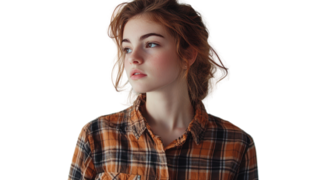 A young woman with auburn hair gazes thoughtfully into the distance, wearing a classic plaid shirt, embodying a moment of introspection and style.
