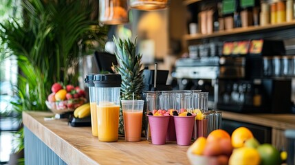 A fresh juice bar with blenders, fruit, and takeaway cups displayed