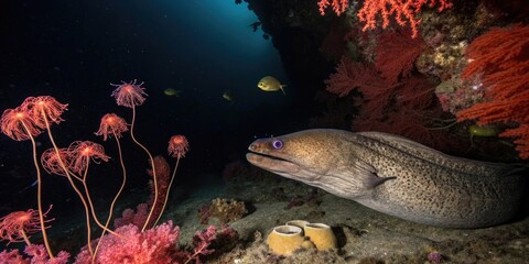 Fototapeta premium A giant moray eel glides silently through the darkness of a Red Sea cave, surrounded by glowing jellyfish and colorful sea fans, giant fish, sea fan