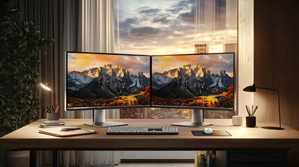 Dual Monitor Setup Stunning Mountain View Workspace