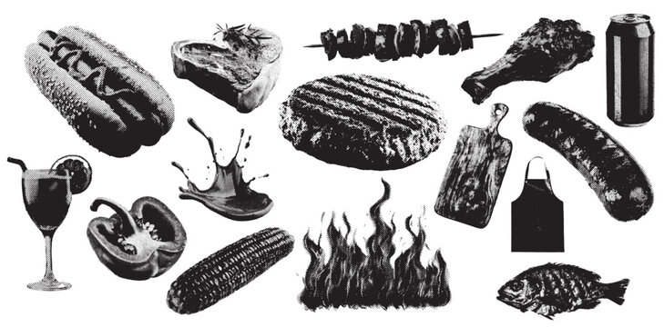 Abstract halftone grunge summer barbeque design elements