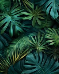 Fototapeta premium Lush green tropical leaves background texture.