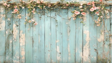 Vintage Blue Wood Background with Delicate Pink Floral Accents