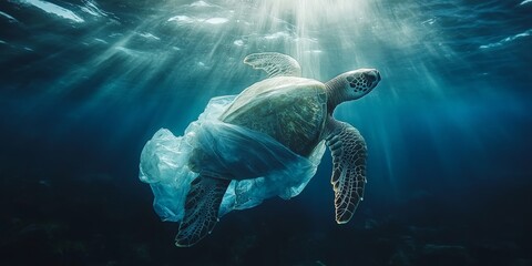 Obraz premium A sea turtle entangled in a plastic bag underwater, illustrating the critical issue of ocean pollution. Ideal for conservation and environmental awareness campaigns.