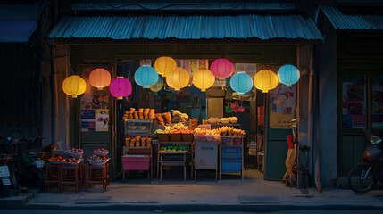 Naklejka premium Night market stall, Asian lanterns, street food, dusk, city