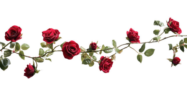 Beautiful red roses intricately arranged on a vine, showcasing their vibrant colors and lush green leaves, perfect for any floral design.