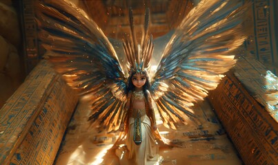 Winged Girl Deity with Feathered Wings Standing in Ancient Temple with Hieroglyphs