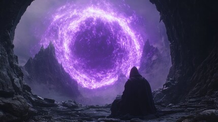 Mysterious Sorcerer Sitting in Cave with Purple Portal Background