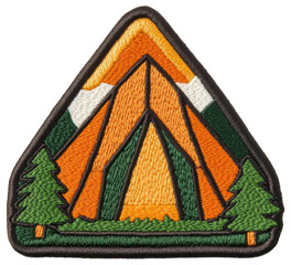 Colorful embroidered patch featuring a mountain landscape with trees isolated on transparent background.