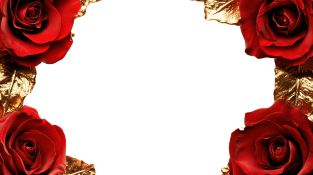 A stunning close-up of vibrant red roses with golden leaves framing a blank space, perfect for invitations, greetings, or romantic themes.