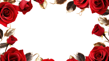 An elegant frame of vivid red roses adorned with golden leaves, perfect for romantic invitations, greeting cards, or decorative purposes.