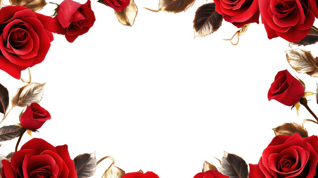 An elegant frame of vivid red roses adorned with golden leaves, perfect for romantic invitations, greeting cards, or decorative purposes.