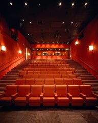 Modern cinema interior with bright red seating.
