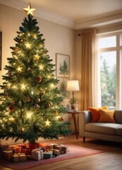 A green Christmas tree with a star on top is placed in a living room with warm lighting, christmas decoration, indoor decor,