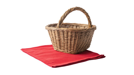 Obraz premium A rustic wicker basket resting on a vibrant red cloth, perfect for showcasing fresh produce or picnic essentials. Ideal for food-themed visuals.