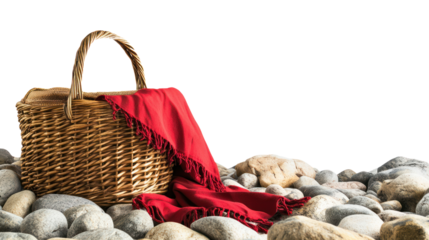 A wicker picnic basket with a red blanket, resting on smooth stones, perfect for outdoor gatherings and leisurely afternoons in nature.