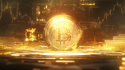 Bitcoin Coin Radiating Golden Glow in a Dark Setting