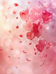 Fototapeta premium Romantic Heart-Shaped Balloons Floating in a Dreamy Pink Sky with Falling Petals
