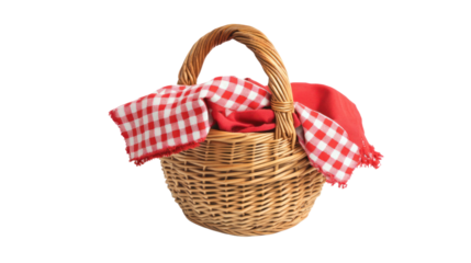 A beautiful picnic basket with a red and white checkered cloth, perfect for outdoor gatherings, family outings, or enjoying nature with loved ones.