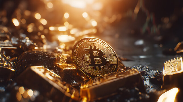 Close-Up of Bitcoin on a Shimmering Surface