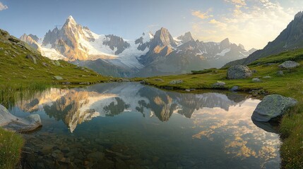 Sunrise mountain reflection, alpine lake, tranquil landscape, travel poster.