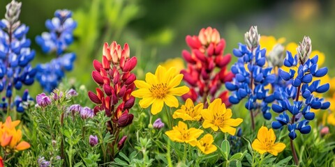 Obraz premium A colorful close-up of a wildflower field, showcasing small flowers in vibrant hues of yellow, red, and blue, capturing the natural beauty and diversity of the landscape.