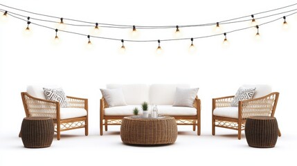 Stylish outdoor seating arrangement with soft cushions and decorative lights.
