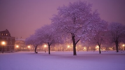 Snowy campus night, purple twilight, buildings, snow-covered trees, peaceful scene, winter postcard